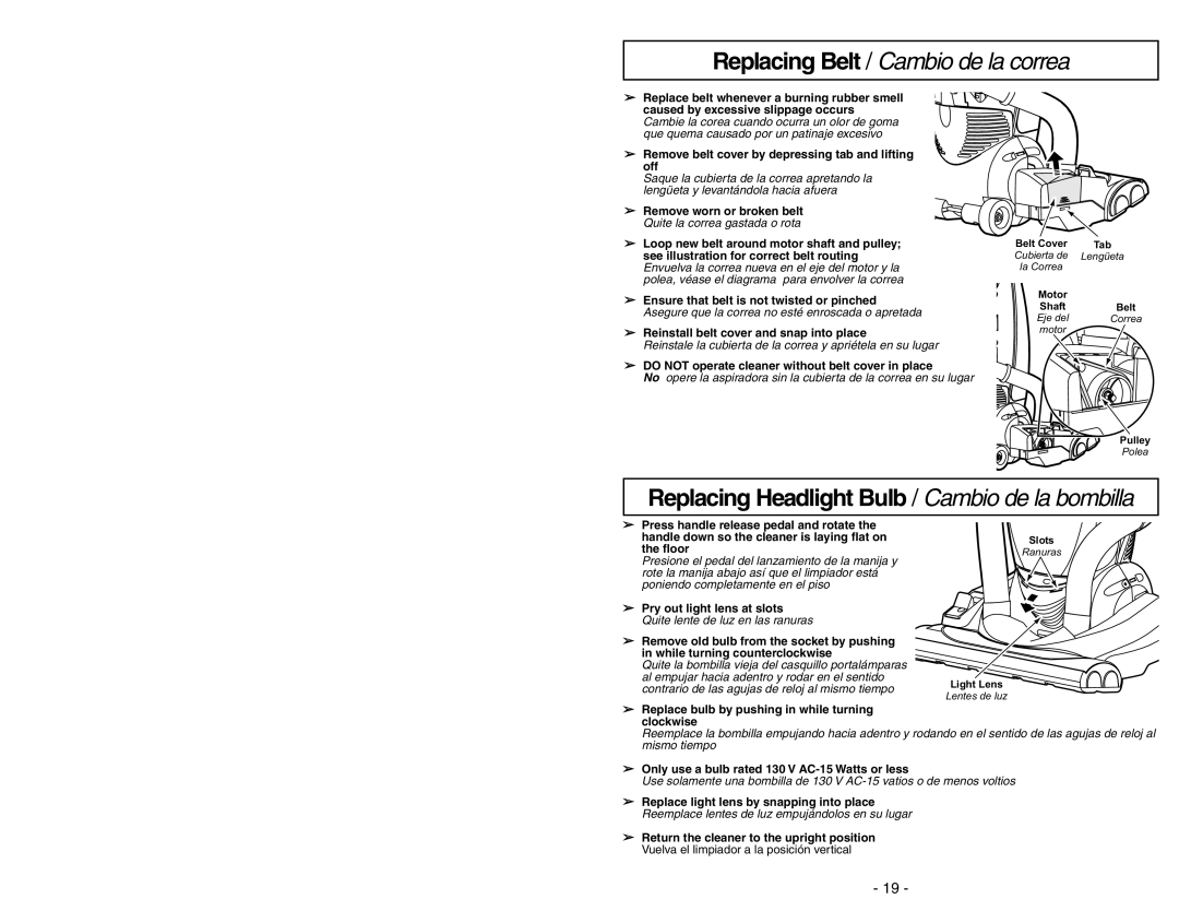 Panasonic MC-V7531 manual Replacing Belt / Cambio de la correa, Replacing Headlight Bulb / Cambio de la bombilla 