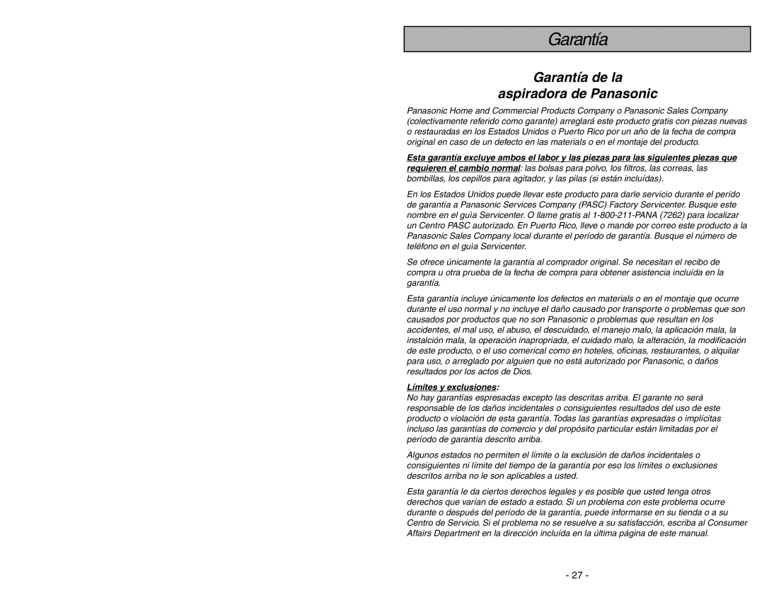 Panasonic MC-V7531 manual Garantía de la aspiradora de Panasonic, Límites y exclusiones 