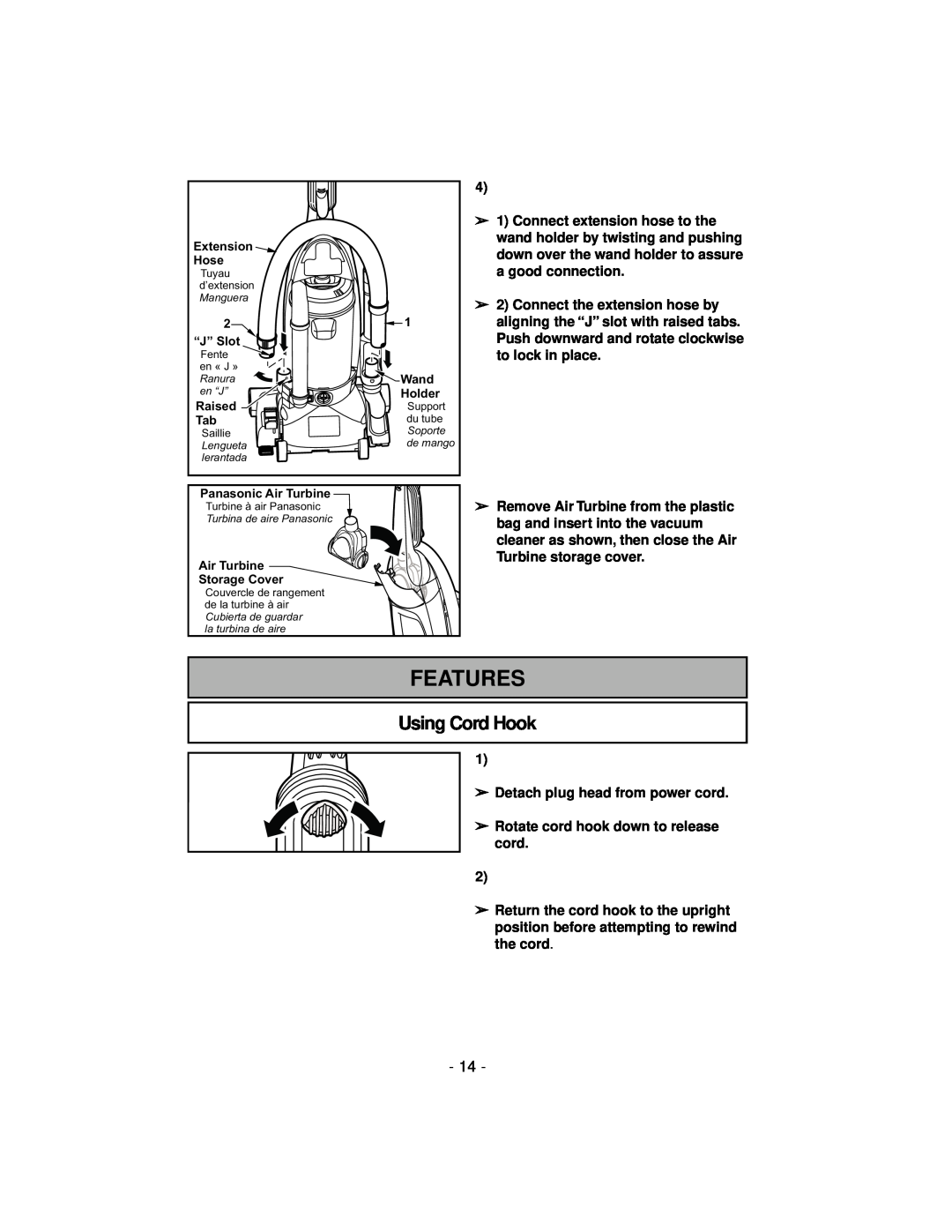 Panasonic MC-V7600 operating instructions Features, Using Cord Hook 