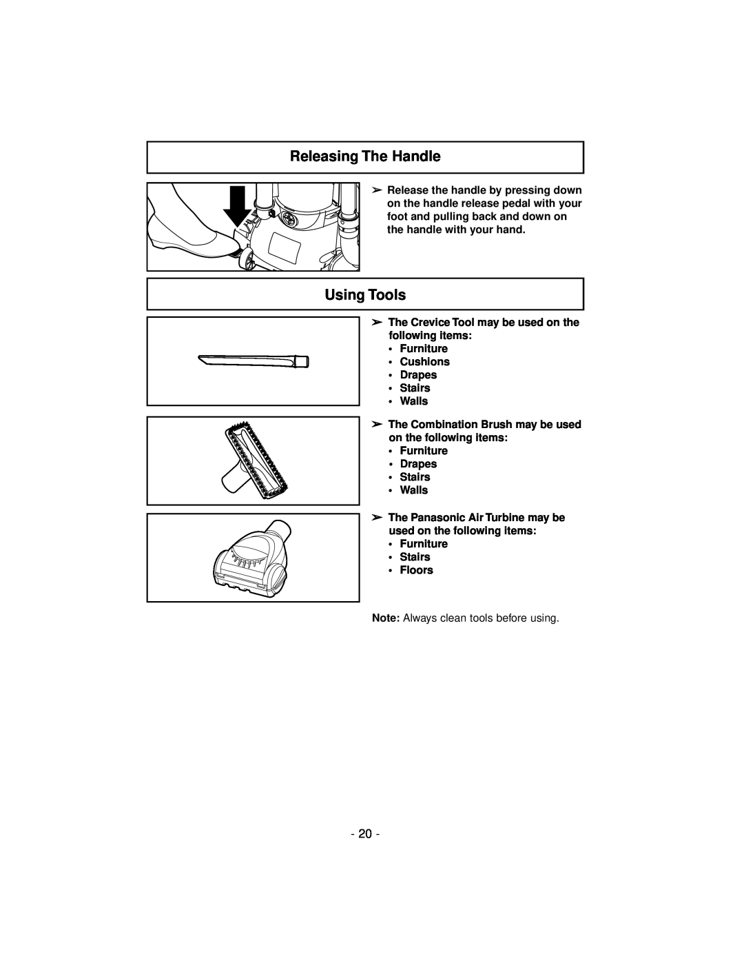 Panasonic MC-V7600 operating instructions Releasing The Handle, Using Tools 