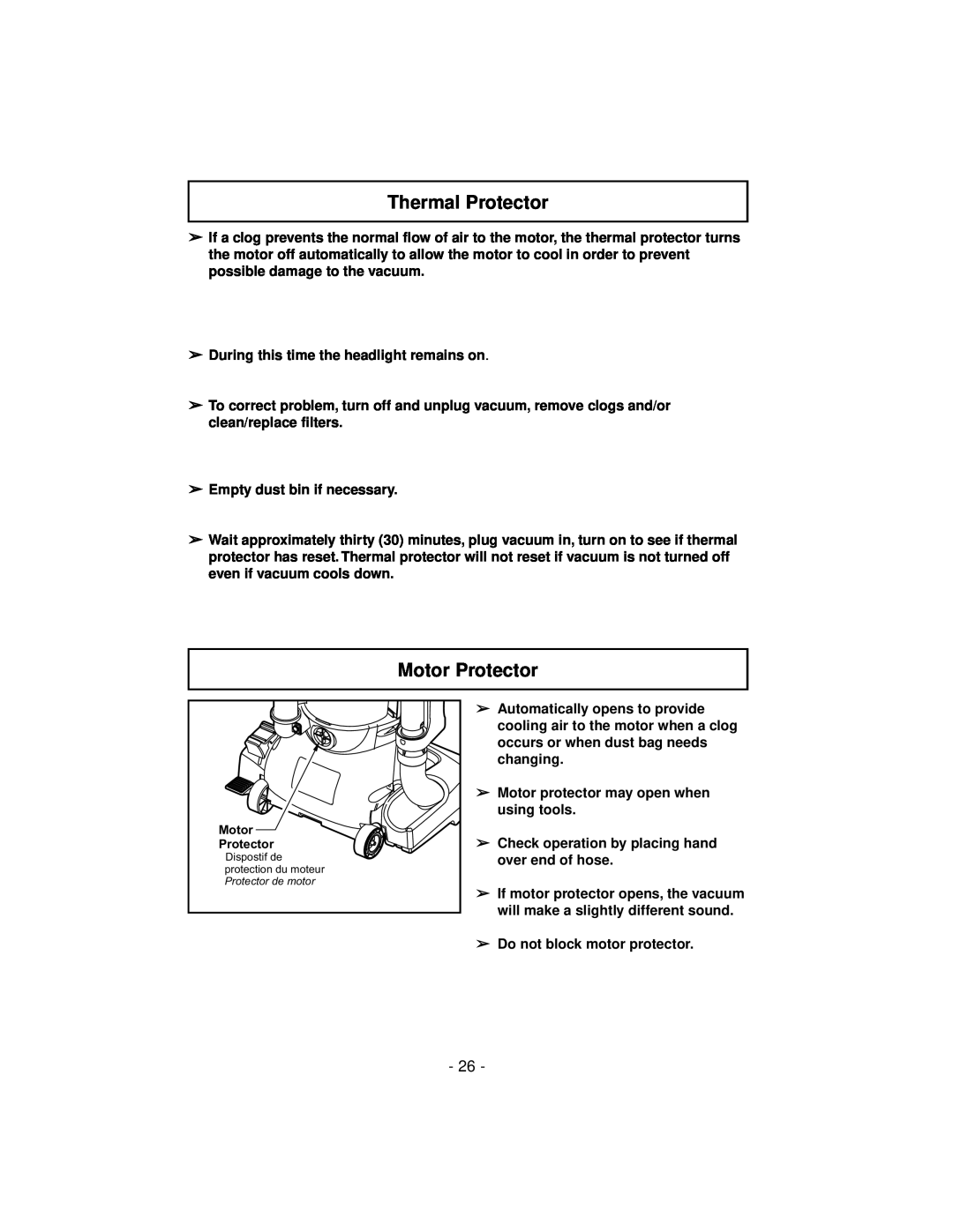 Panasonic MC-V7600 operating instructions Thermal Protector, Motor Protector 