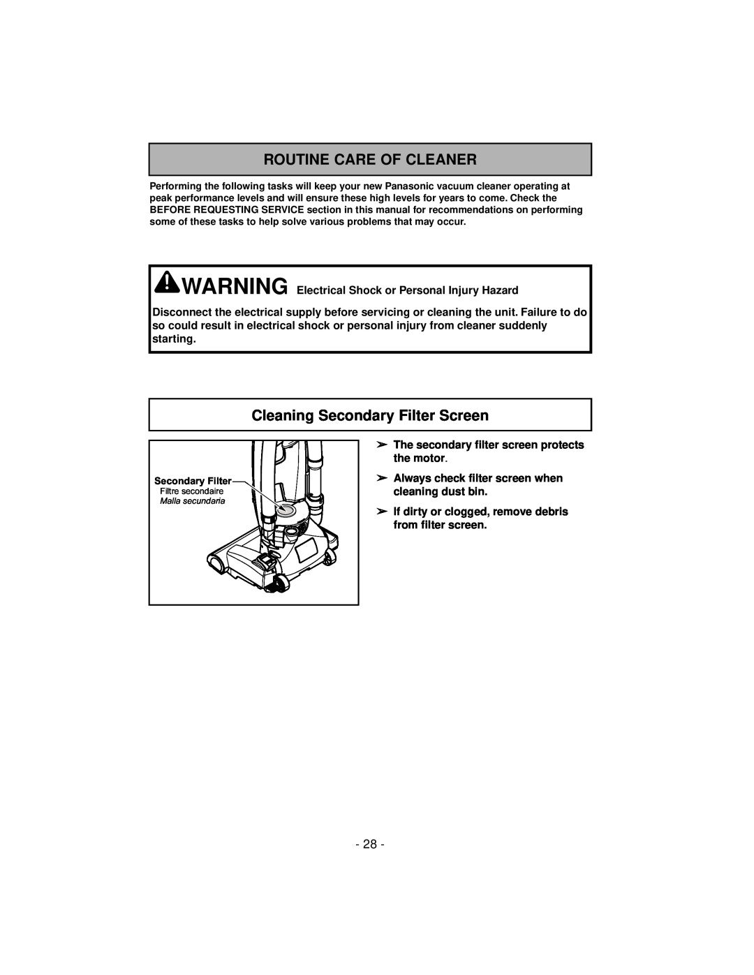 Panasonic MC-V7600 operating instructions Routine Care Of Cleaner, Cleaning Secondary Filter Screen 