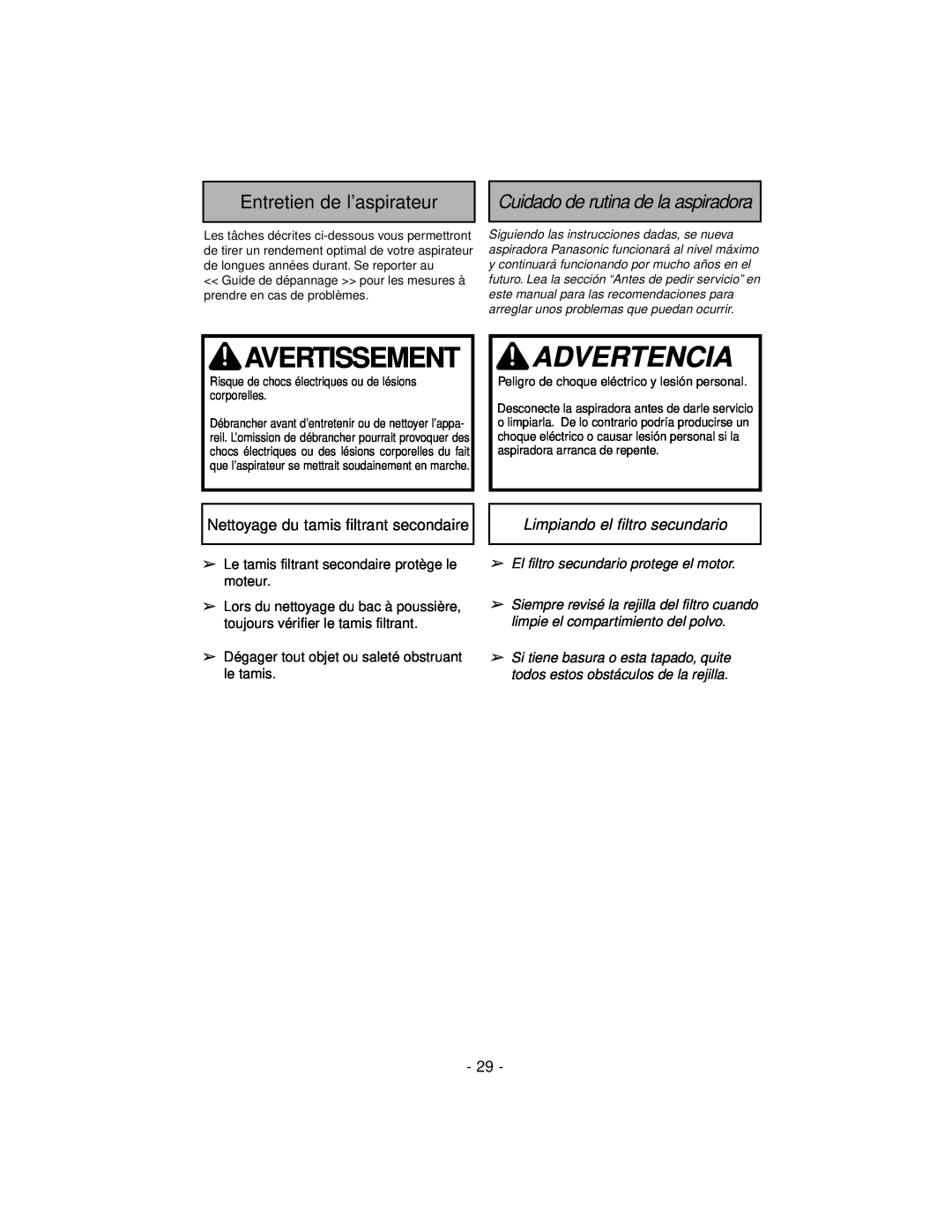 Panasonic MC-V7600 Avertissement, Advertencia, Entretien de l’aspirateur, Cuidado de rutina de la aspiradora 