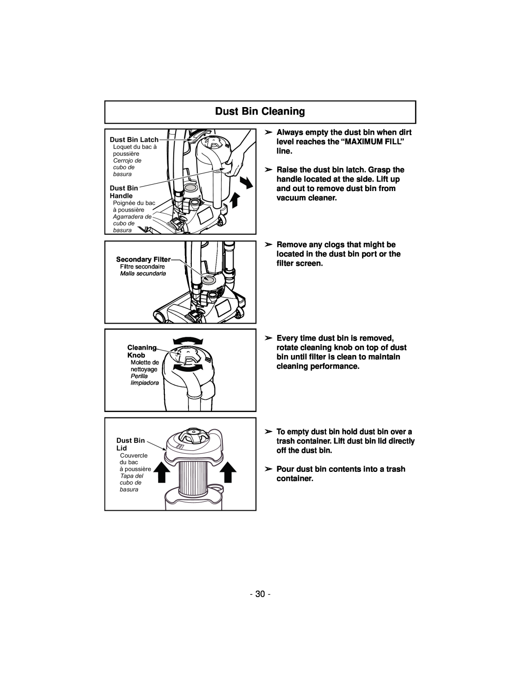 Panasonic MC-V7600 operating instructions Dust Bin Cleaning 