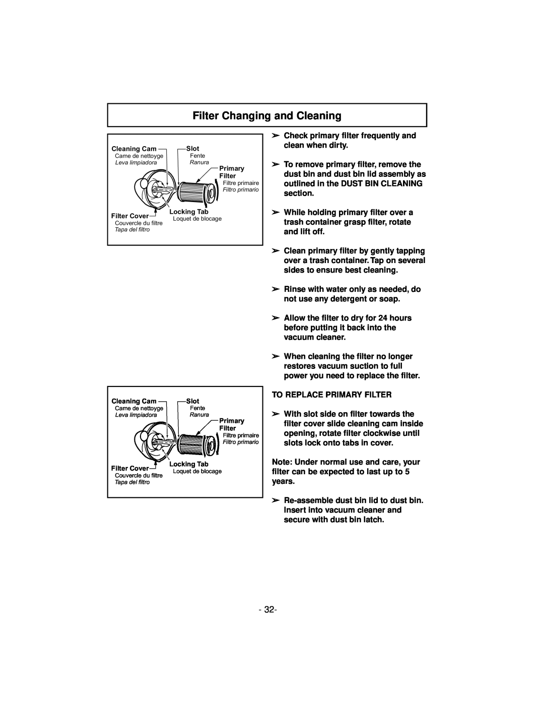 Panasonic MC-V7600 operating instructions Filter Changing and Cleaning 