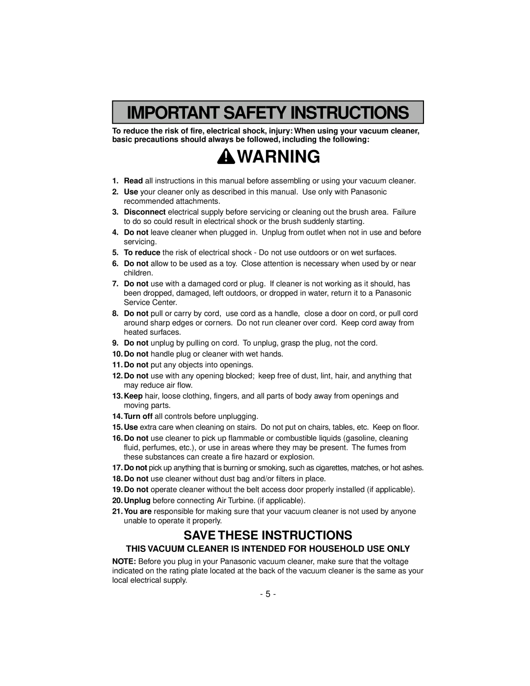 Panasonic MC-V7600 operating instructions Important Safety Instructions, Save These Instructions 