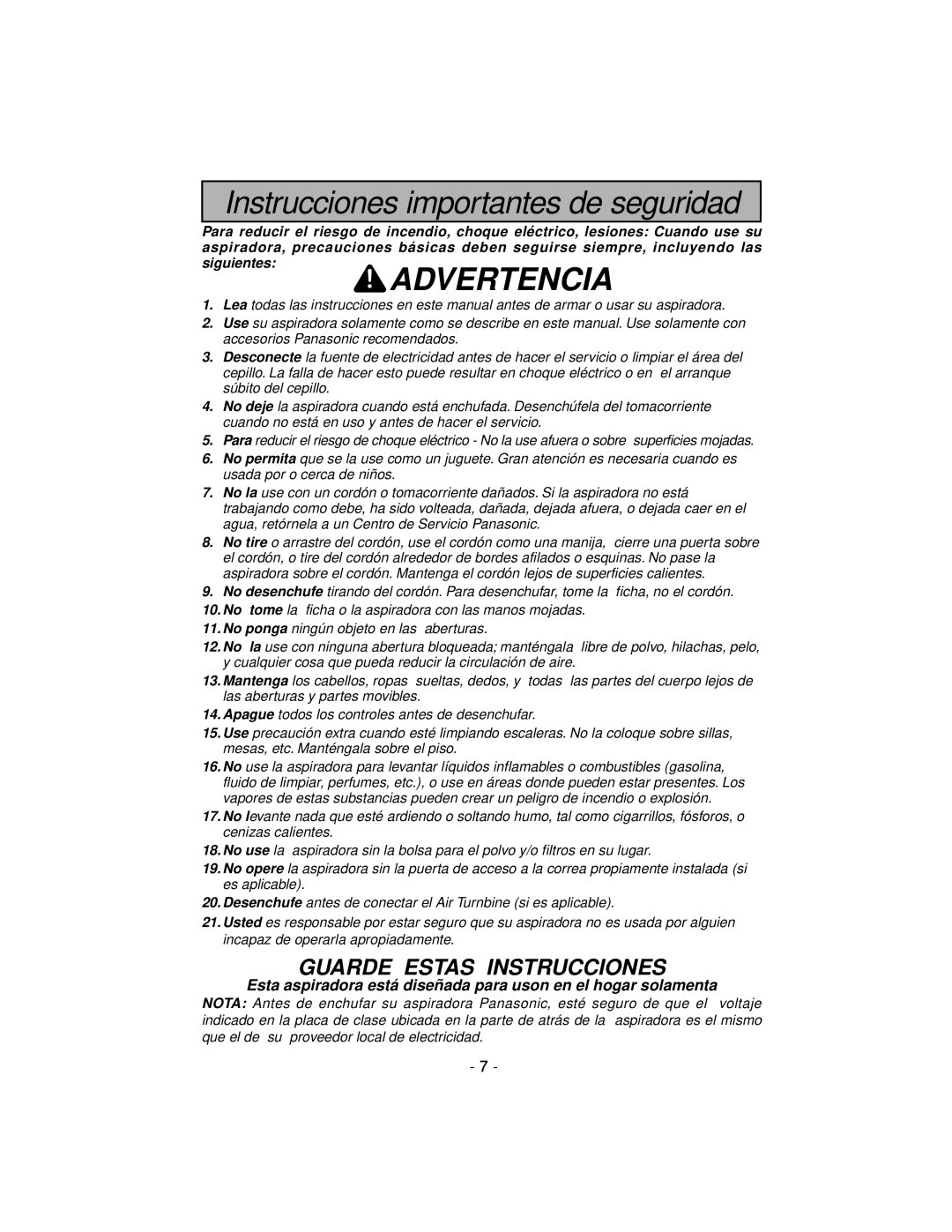 Panasonic MC-V7600 operating instructions Instrucciones importantes de seguridad, Advertencia, Guarde Estas Instrucciones 