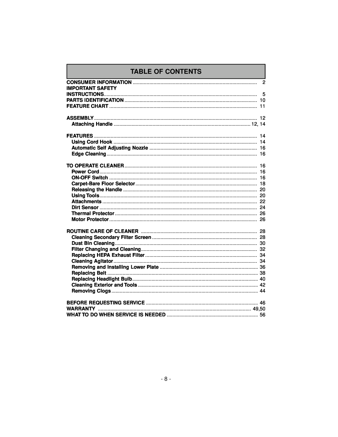Panasonic MC-V7600 operating instructions Table Of Contents 