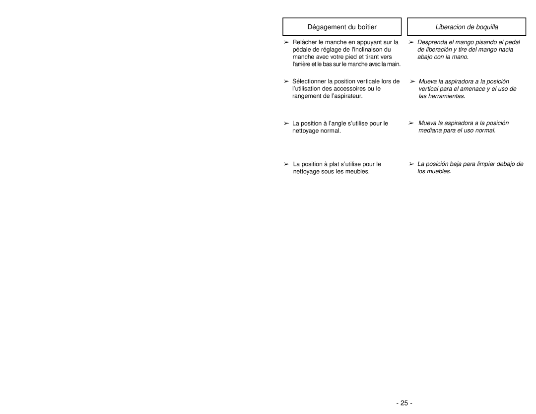 Panasonic MC-V7710 operating instructions Dégagement du boîtier, Liberacion de boquilla 