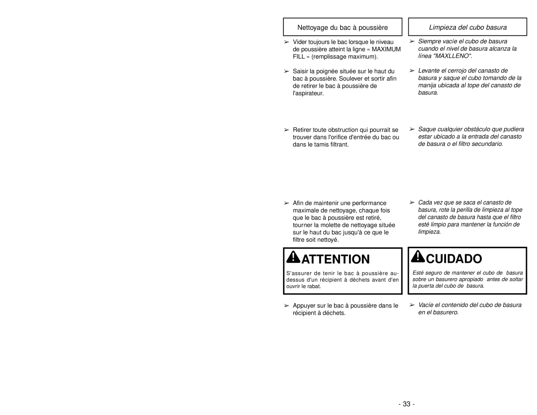 Panasonic MC-V7710 operating instructions Nettoyage du bac à poussière, Limpieza del cubo basura 