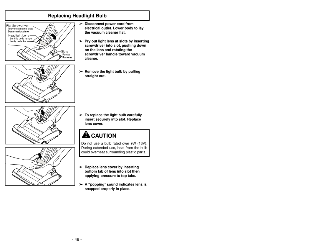 Panasonic MC-V7710 operating instructions Replacing Headlight Bulb 