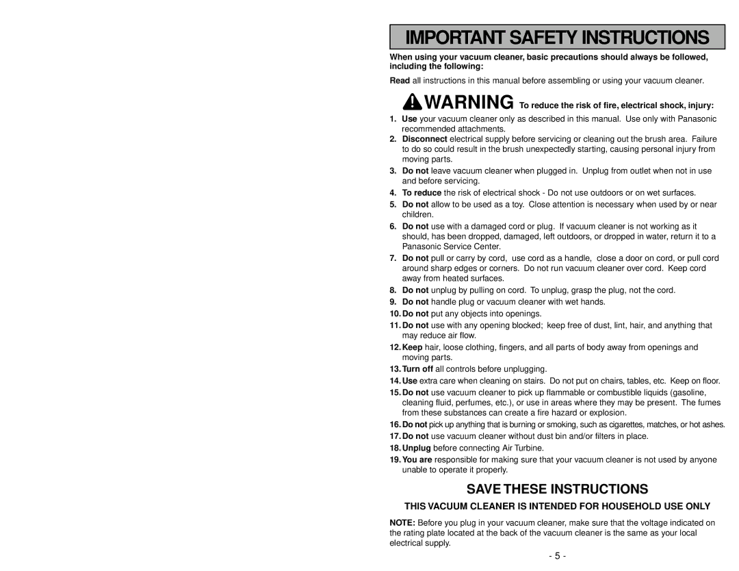 Panasonic MC-V7710 operating instructions Important Safety Instructions 