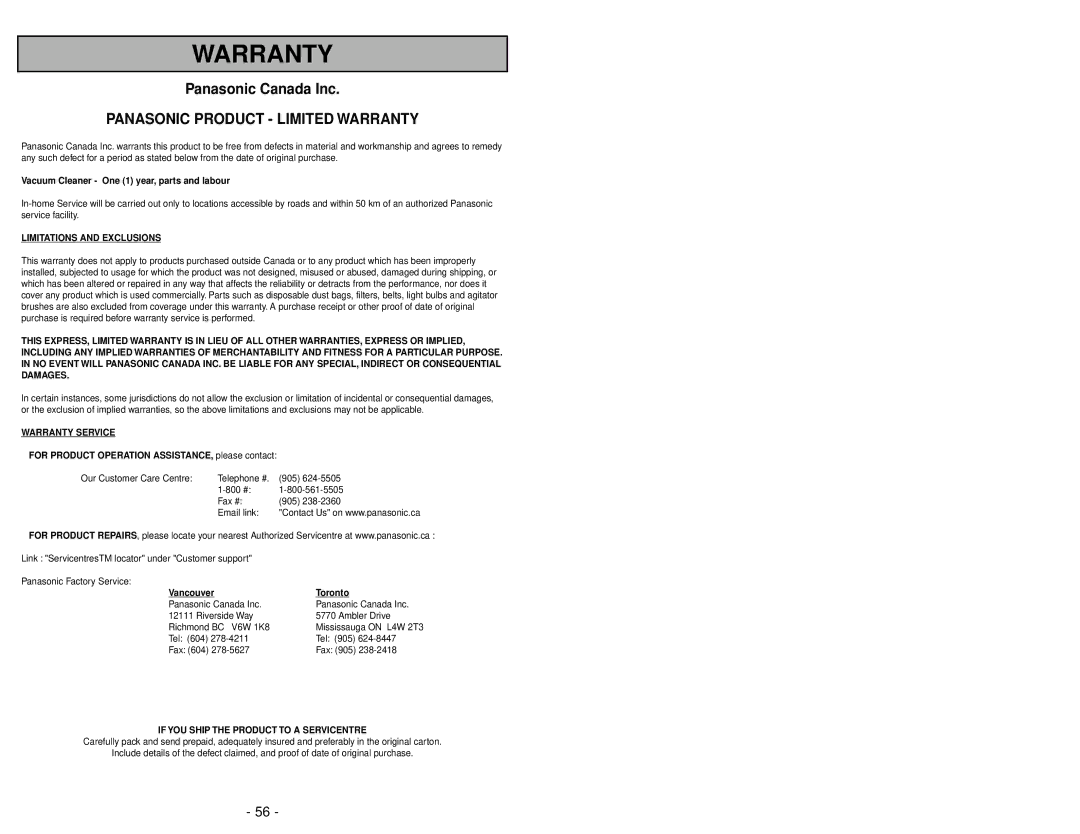 Panasonic MC-V7710 operating instructions Panasonic Product Limited Warranty 