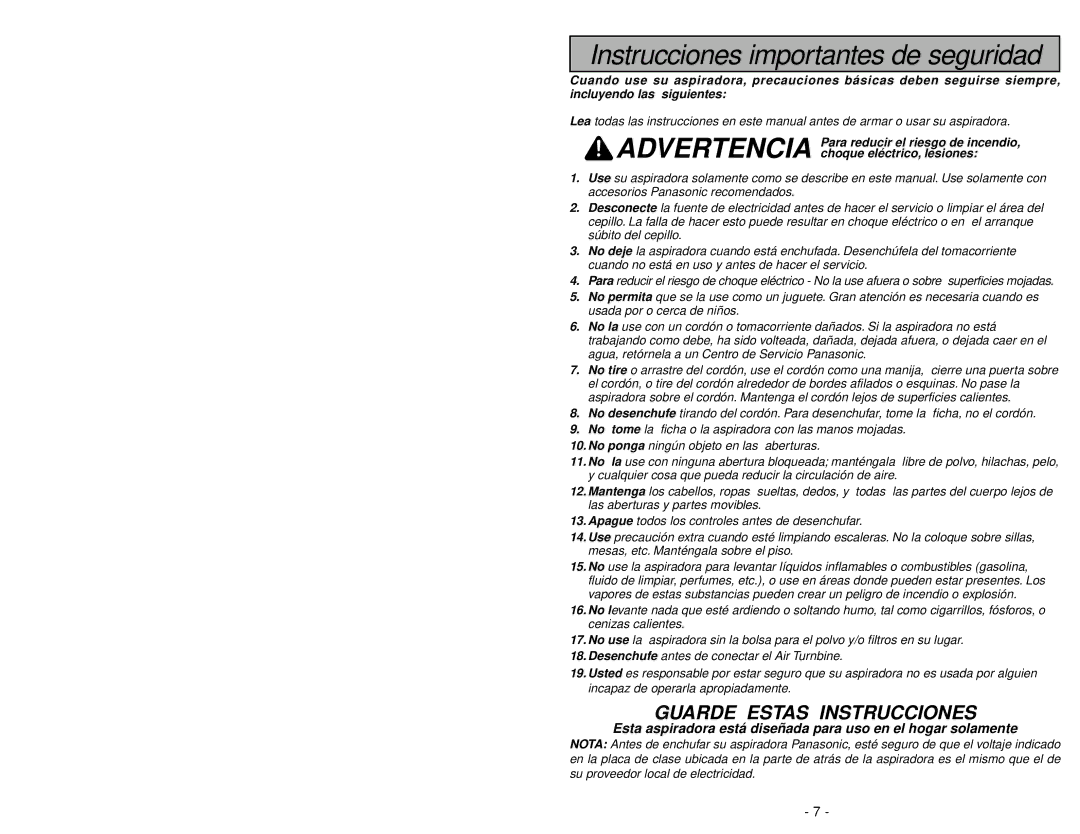 Panasonic MC-V7710 operating instructions Instrucciones importantes de seguridad 