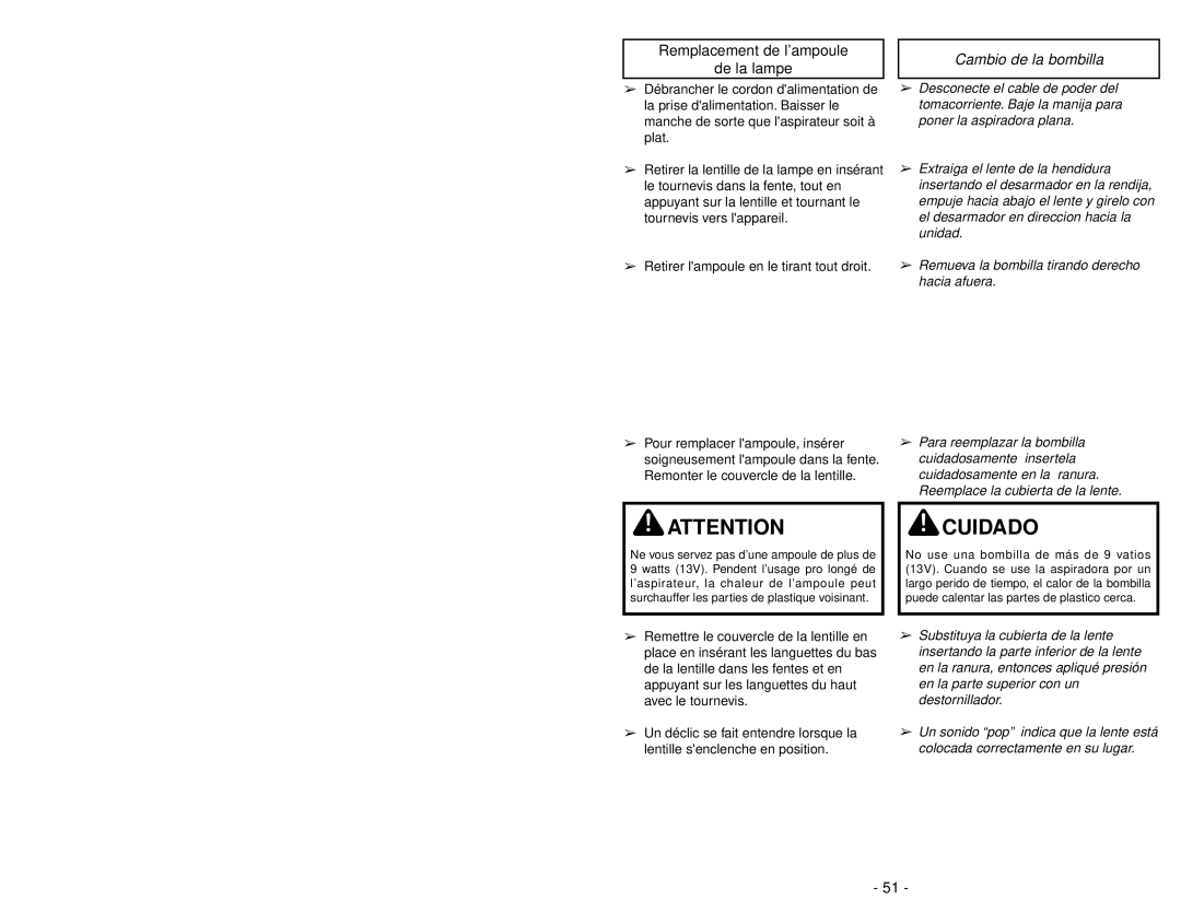 Panasonic MC-V7721 manuel dutilisation Remplacement de l’ampoule De la lampe, Cambio de la bombilla 