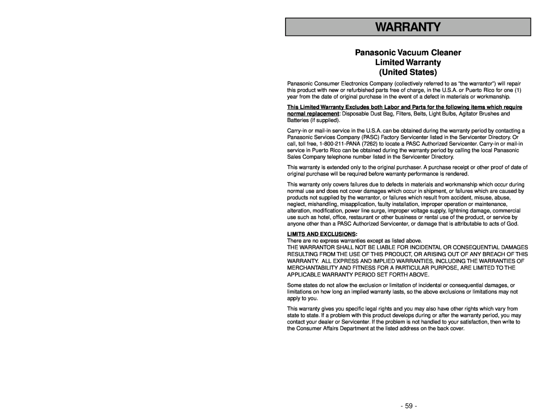 Panasonic MC-V7721 manuel dutilisation Panasonic Vacuum Cleaner Limited Warranty, United States, Limits And Exclusions 