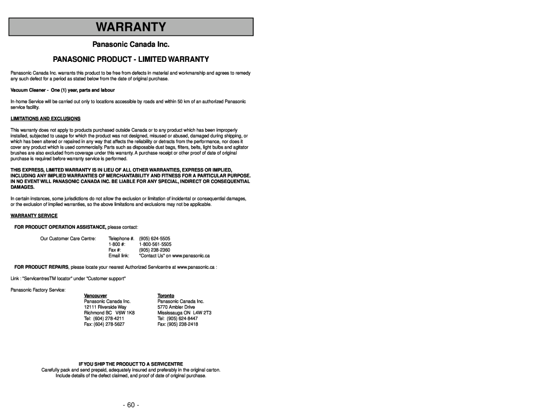 Panasonic MC-V7721 Panasonic Canada Inc, Panasonic Product - Limited Warranty, Limitations And Exclusions, Vancouver 