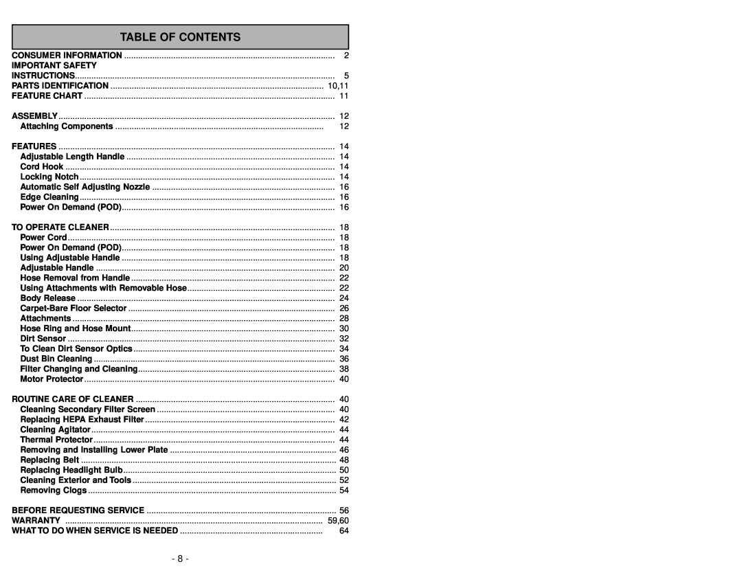 Panasonic MC-V7721 manuel dutilisation Table Of Contents 