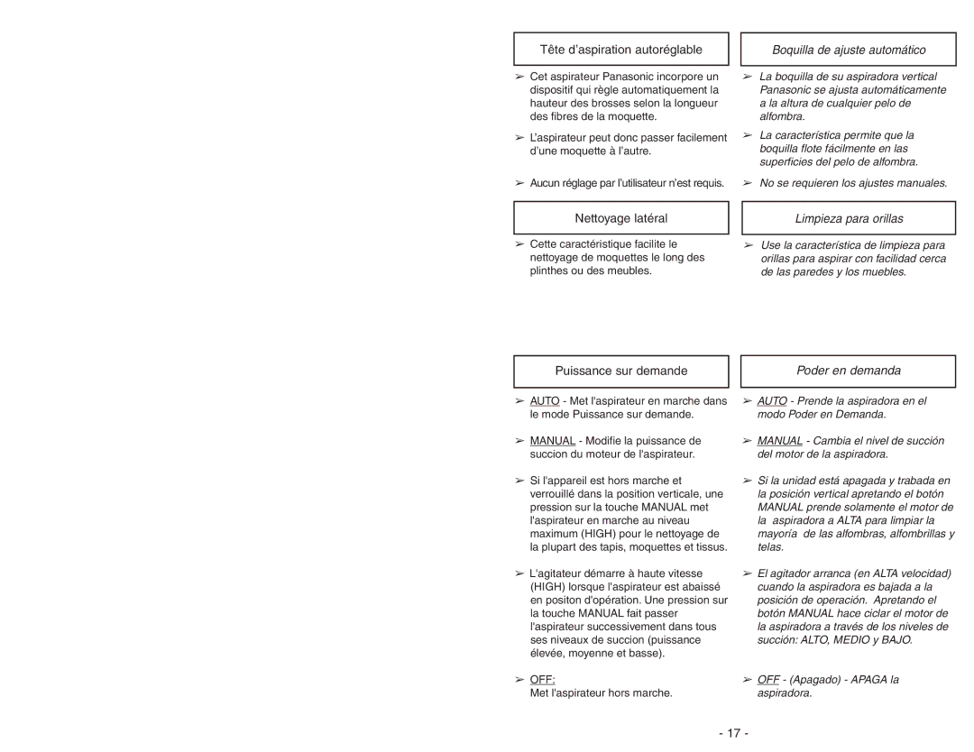 Panasonic MC-V7722 operating instructions Boquilla de ajuste automático, Limpieza para orillas, Poder en demanda 