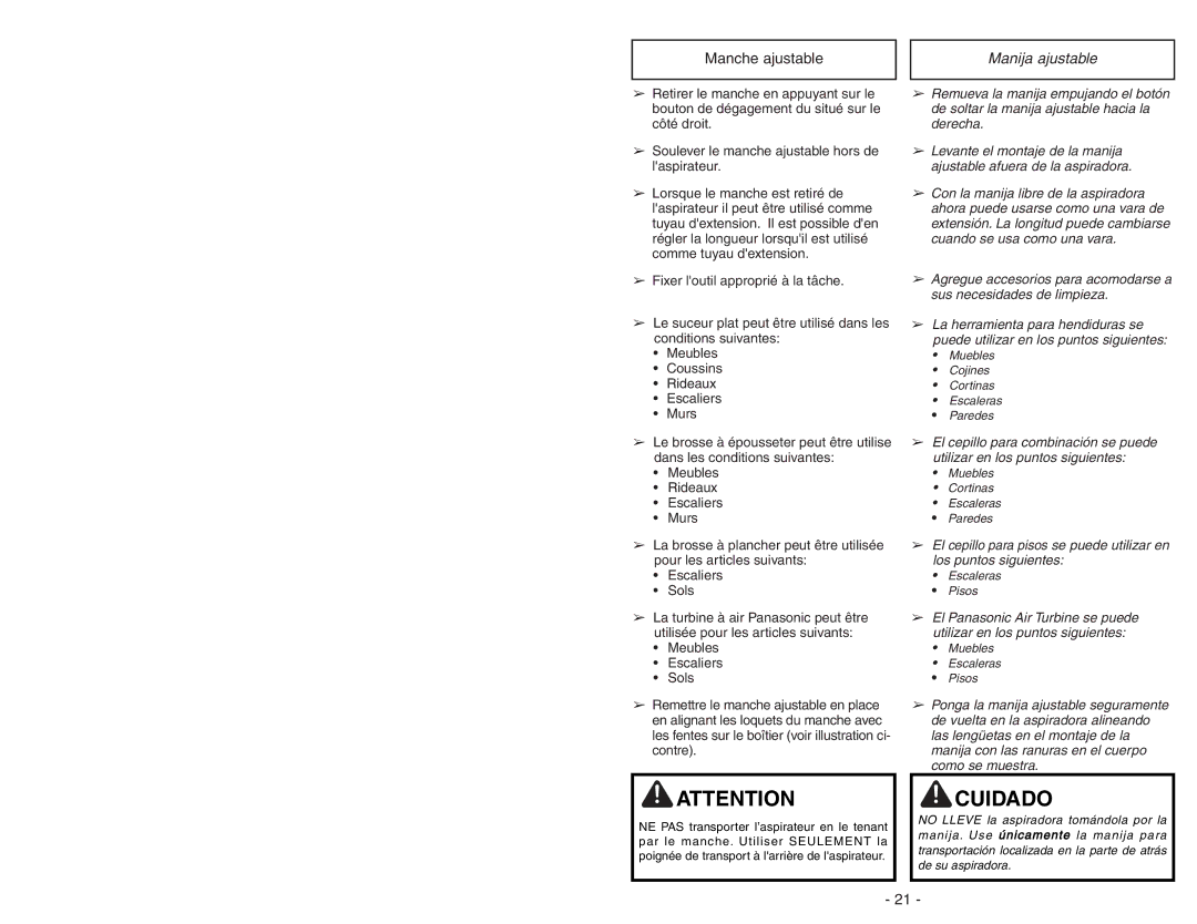 Panasonic MC-V7722 operating instructions Manche ajustable, Manija ajustable 