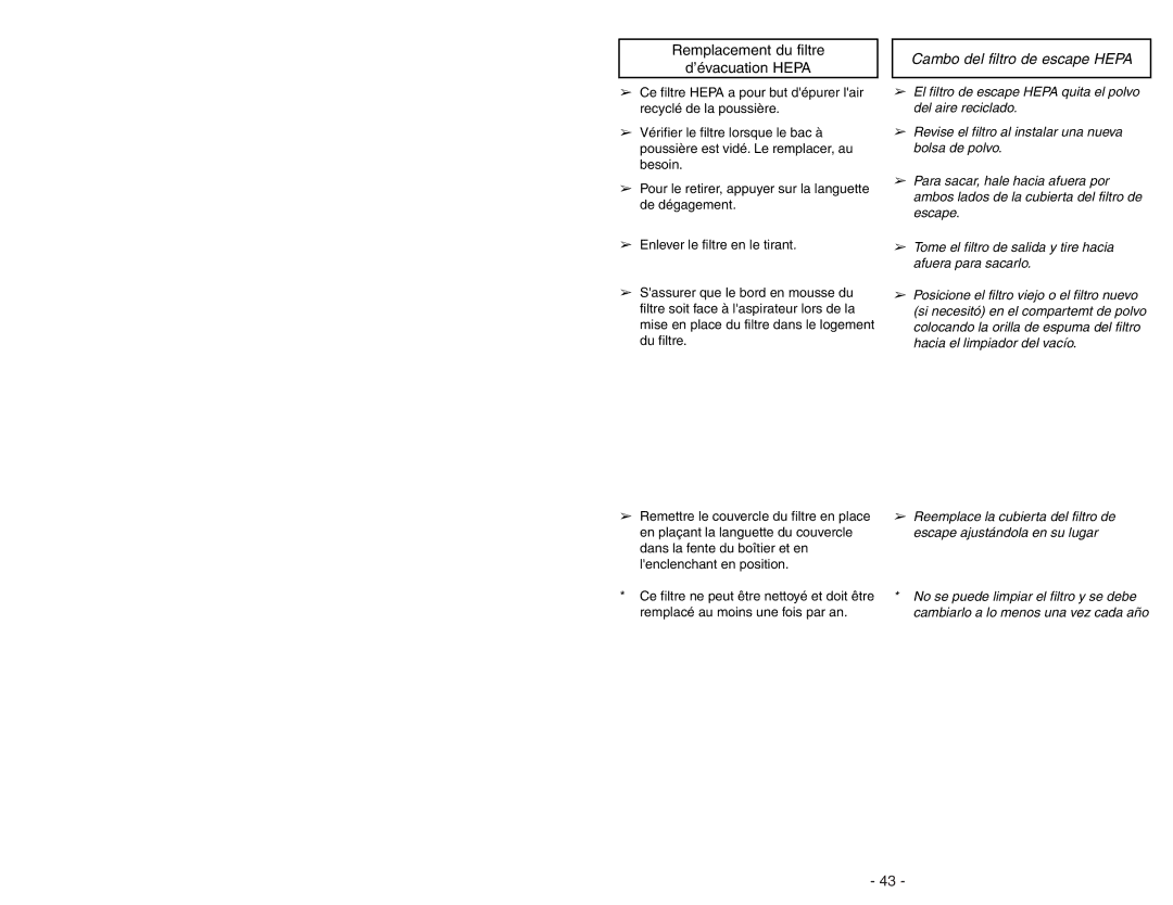 Panasonic MC-V7722 operating instructions Remplacement du filtre ’évacuation Hepa, Cambo del filtro de escape Hepa 