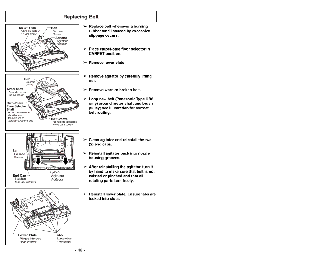 Panasonic MC-V7722 operating instructions Replacing Belt, Out 