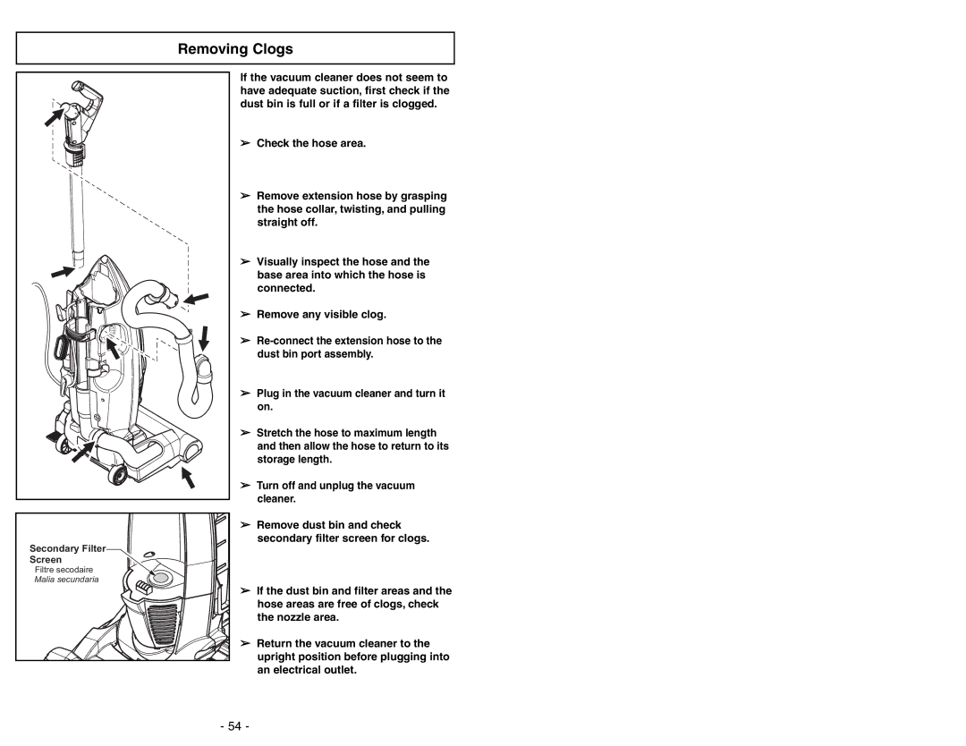 Panasonic MC-V7722 operating instructions Removing Clogs 