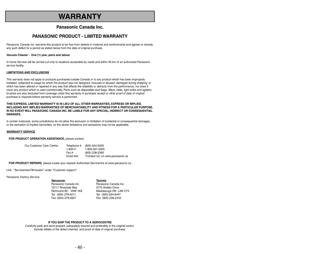 Panasonic MC-V7722 operating instructions Panasonic Product Limited Warranty 