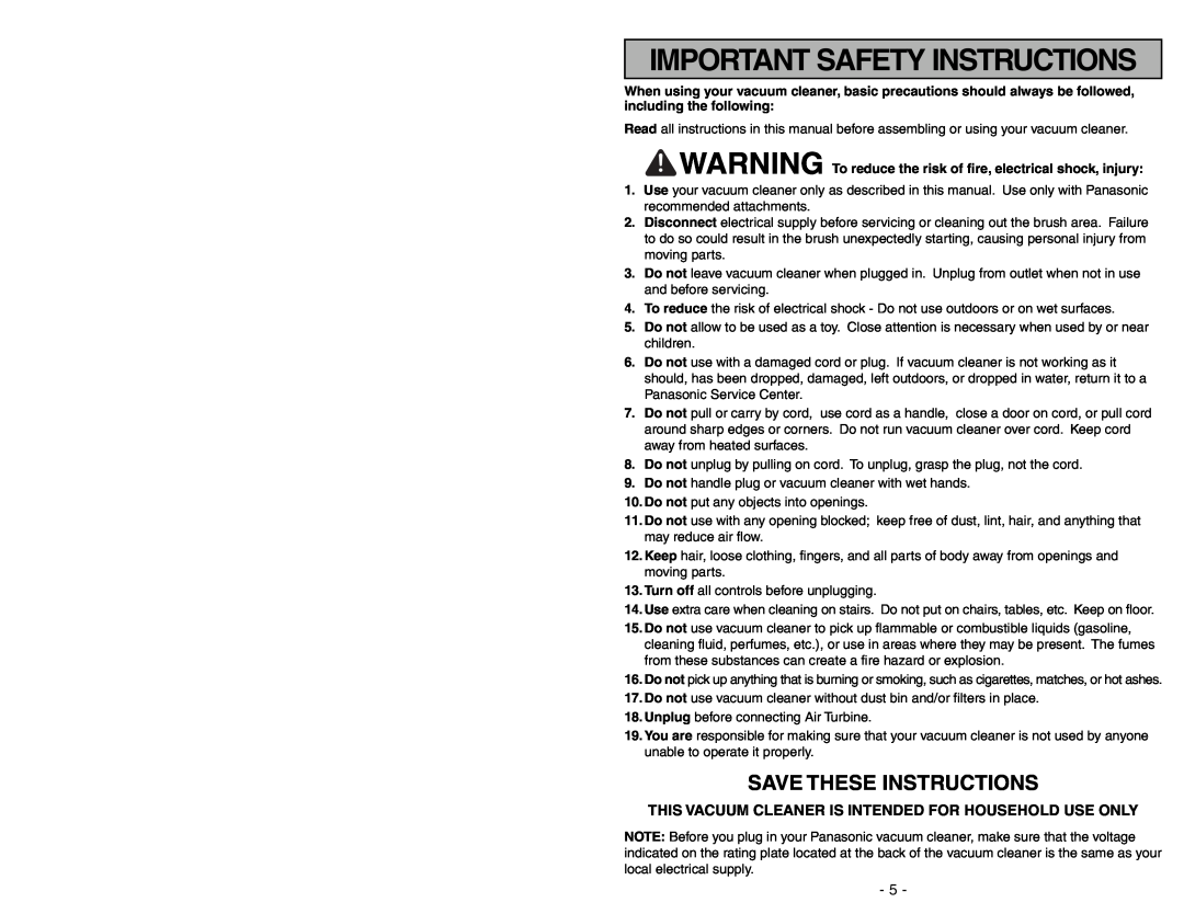 Panasonic MC-V7722 operating instructions Important Safety Instructions, Save These Instructions 