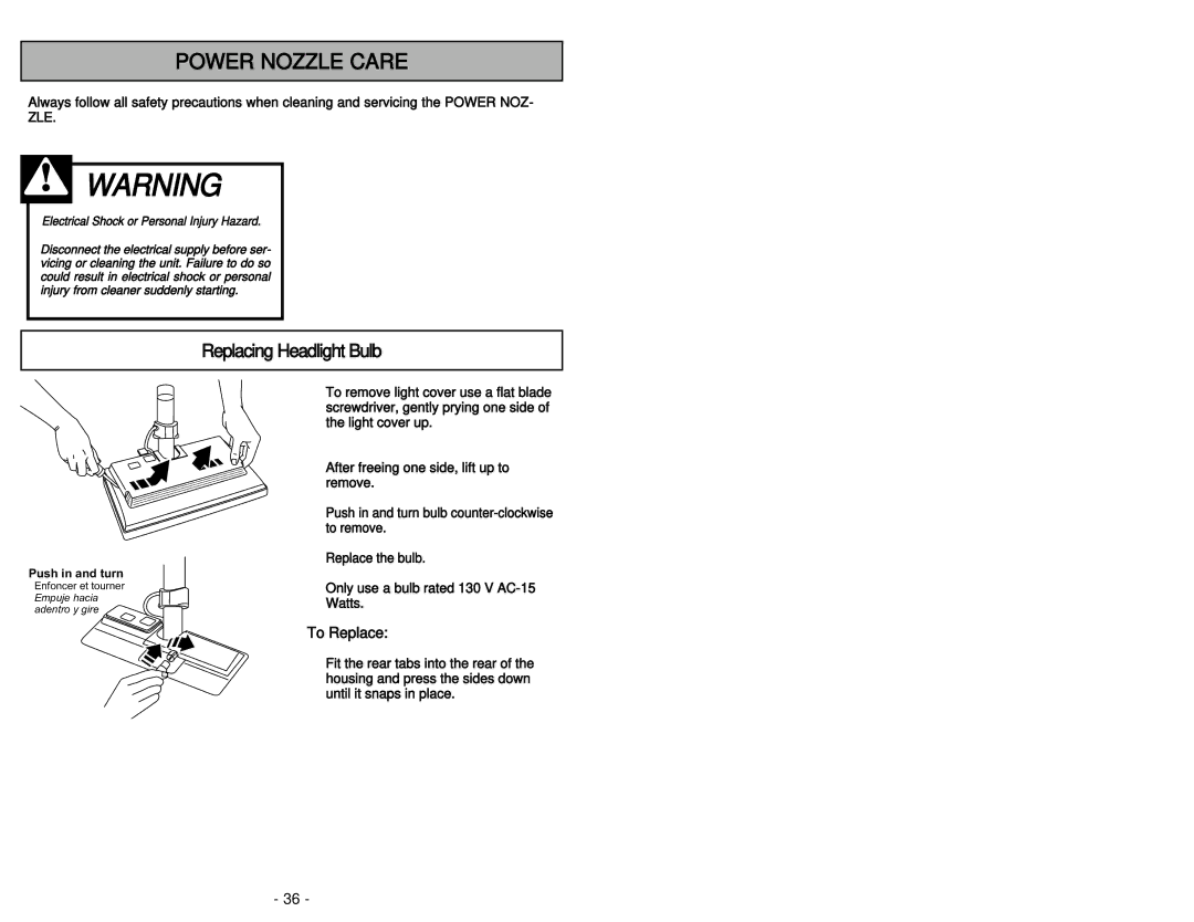 Panasonic MC-V9640 manuel dutilisation Replacing Headlight Bulb, To Replace 