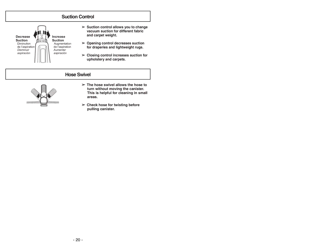 Panasonic MC-V9644 operating instructions Suction Control, Hose Swivel 