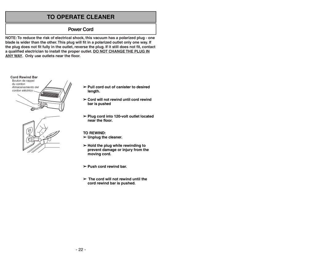 Panasonic MC-V9644 operating instructions To Operate Cleaner, Power Cord 