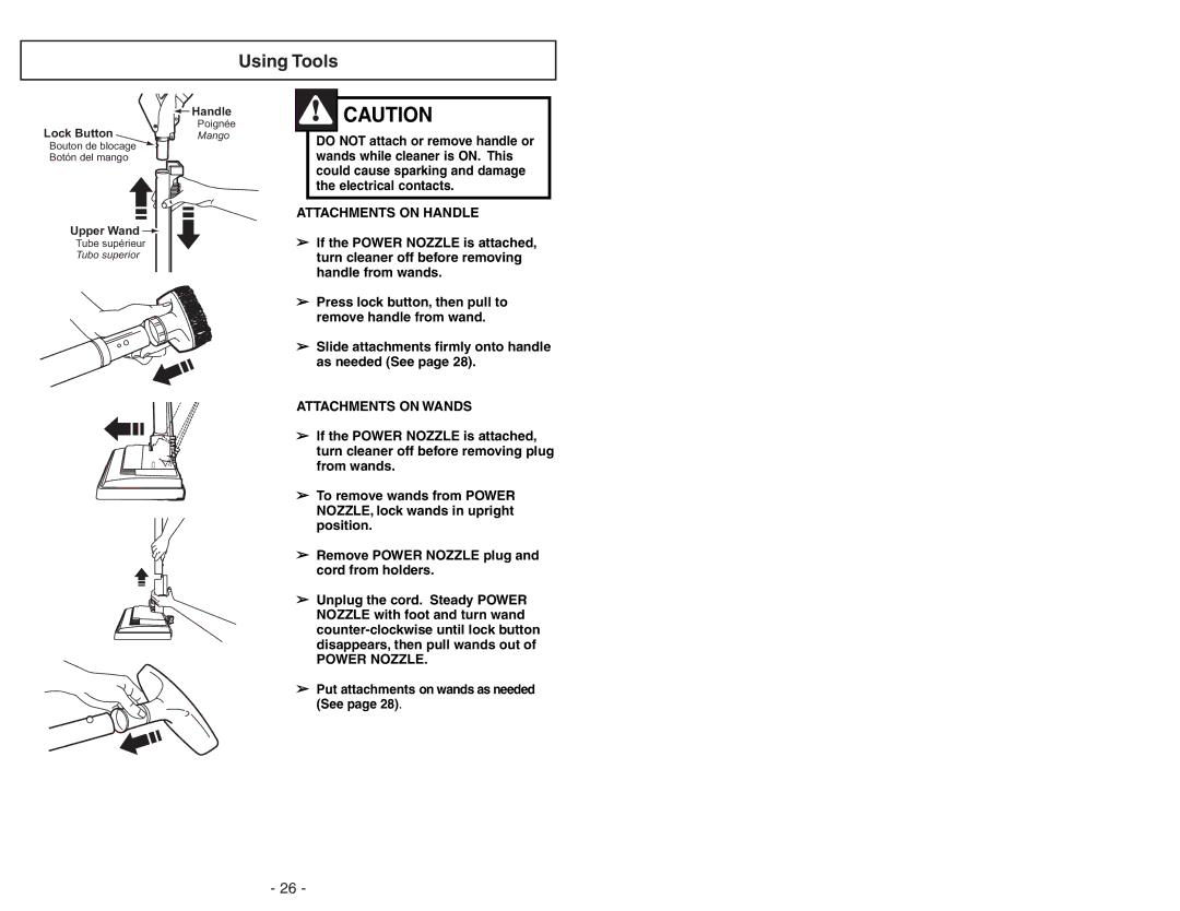 Panasonic MC-V9644 operating instructions Using Tools, Attachments on Handle 