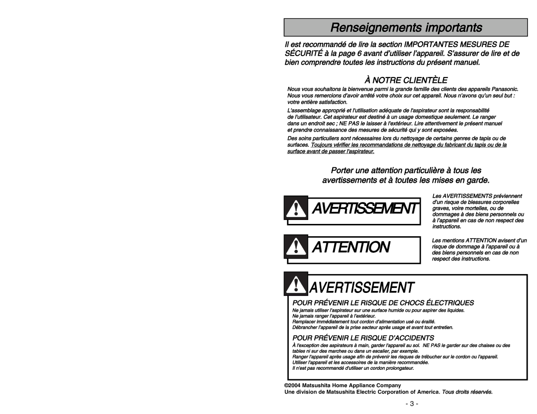 Panasonic MC-V9644 operating instructions Avertissement 