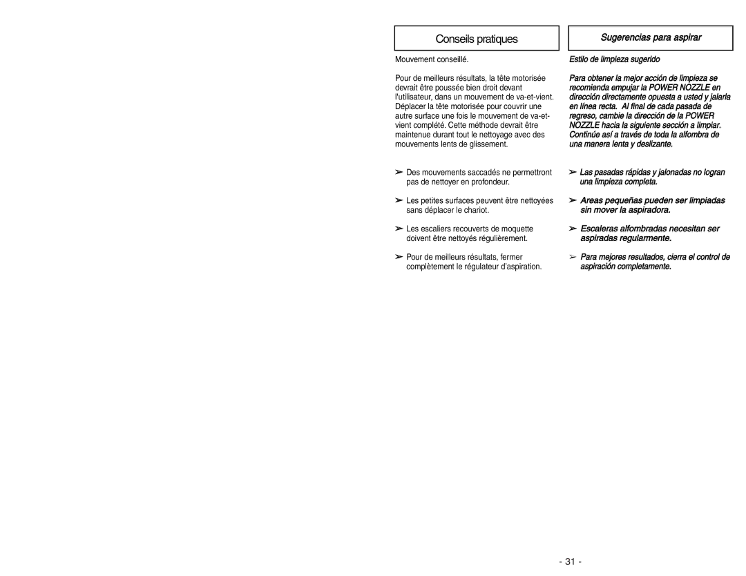 Panasonic MC-V9644 operating instructions Conseils pratiques, Sugerencias para aspirar 