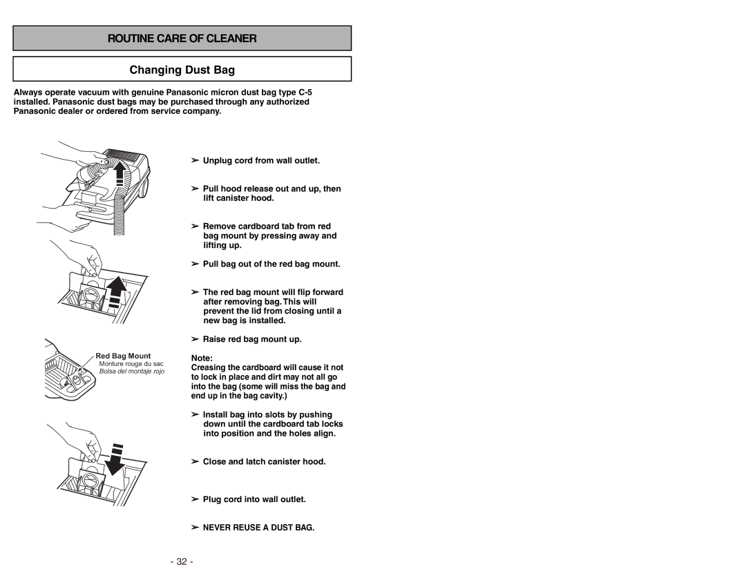 Panasonic MC-V9644 operating instructions Routine Care of Cleaner, Changing Dust Bag 