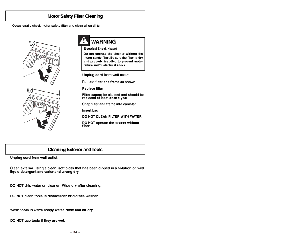 Panasonic MC-V9644 operating instructions Motor Safety Filter Cleaning, Cleaning Exterior and Tools 