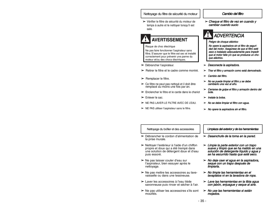 Panasonic MC-V9644 operating instructions Avertissement, Cambio del filtro 