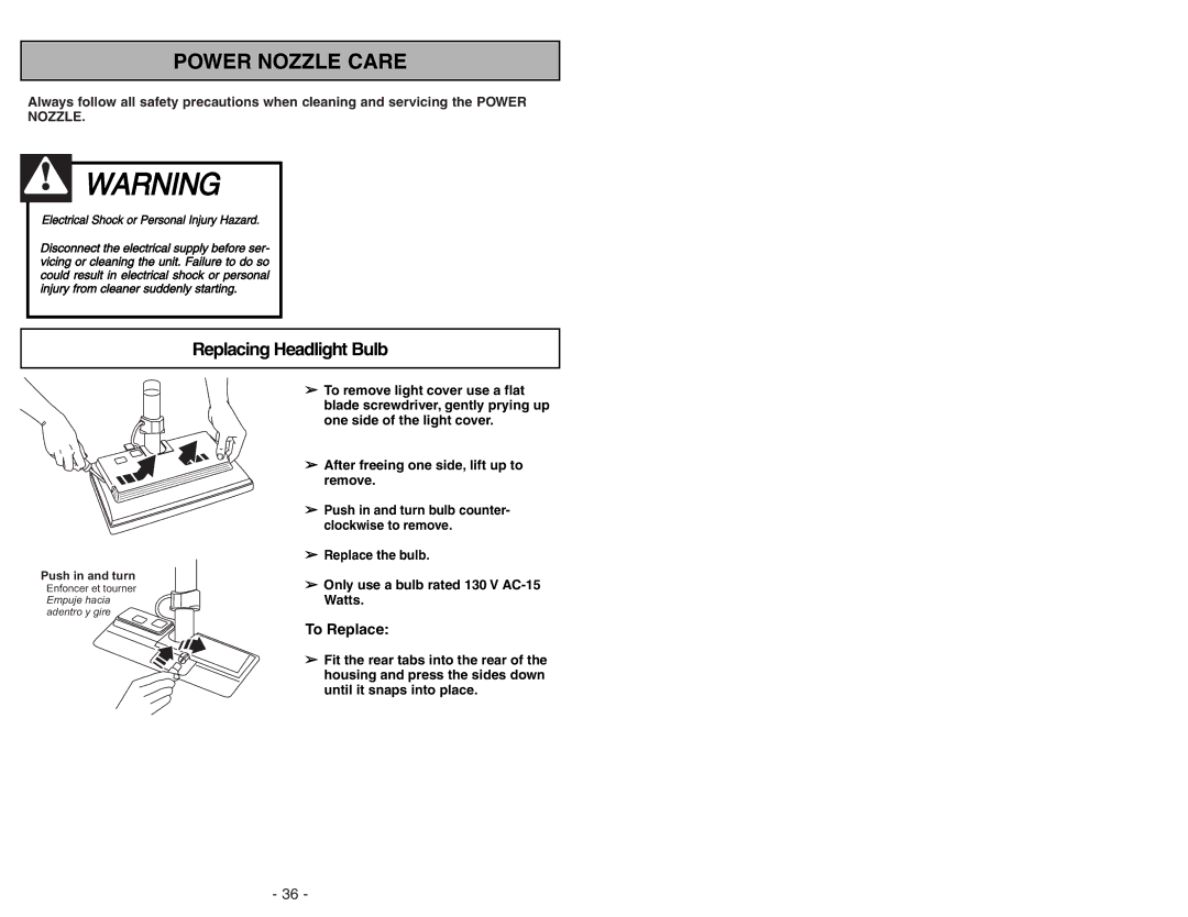 Panasonic MC-V9644 operating instructions Power Nozzle Care, Replacing Headlight Bulb 