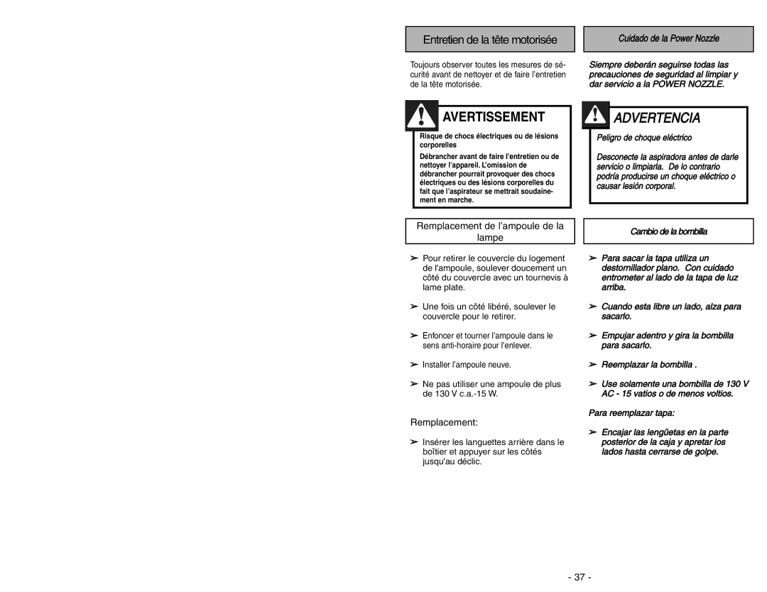 Panasonic MC-V9644 operating instructions Entretien de la tête motorisée 