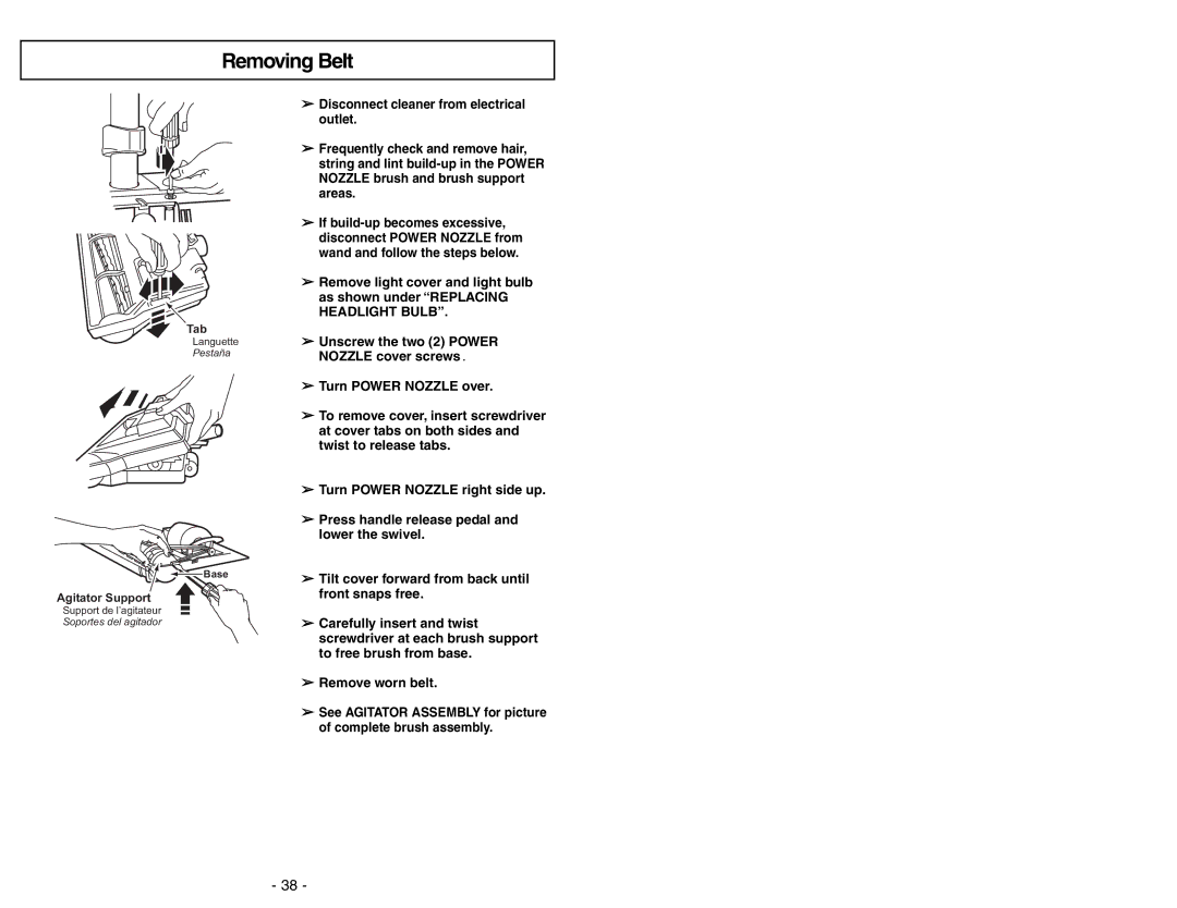 Panasonic MC-V9644 operating instructions Removing Belt 