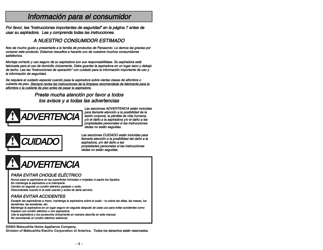 Panasonic MC-V9644 operating instructions Advertencia 