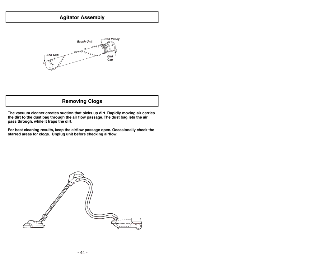 Panasonic MC-V9644 operating instructions Agitator Assembly, Removing Clogs 