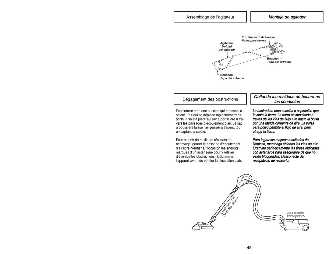 Panasonic MC-V9644 operating instructions Montaje de agitador, Quitando los residuos de basura en Los conductos 