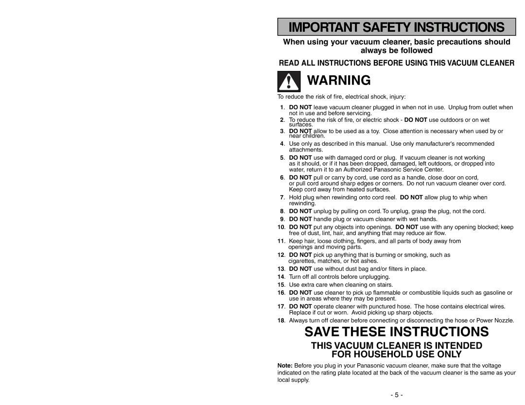 Panasonic MC-V9644 operating instructions Important Safety Instructions 