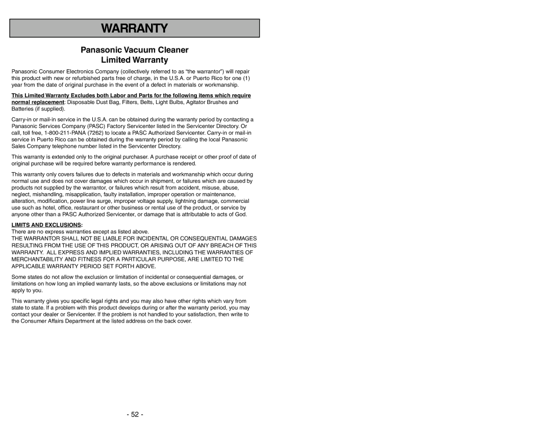 Panasonic MC-V9644 operating instructions Panasonic Vacuum Cleaner Limited Warranty 