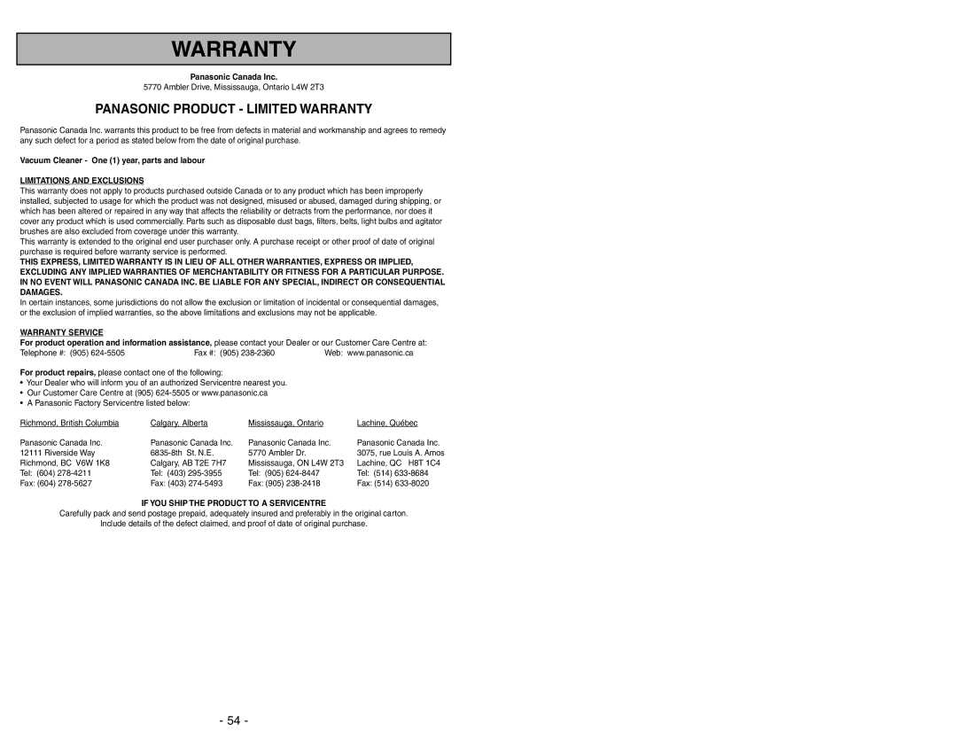 Panasonic MC-V9644 operating instructions Panasonic Product Limited Warranty 