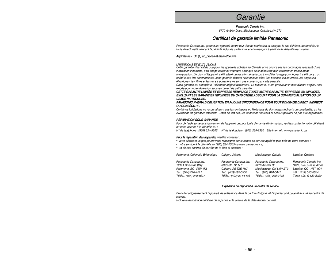 Panasonic MC-V9644 operating instructions Garantie 