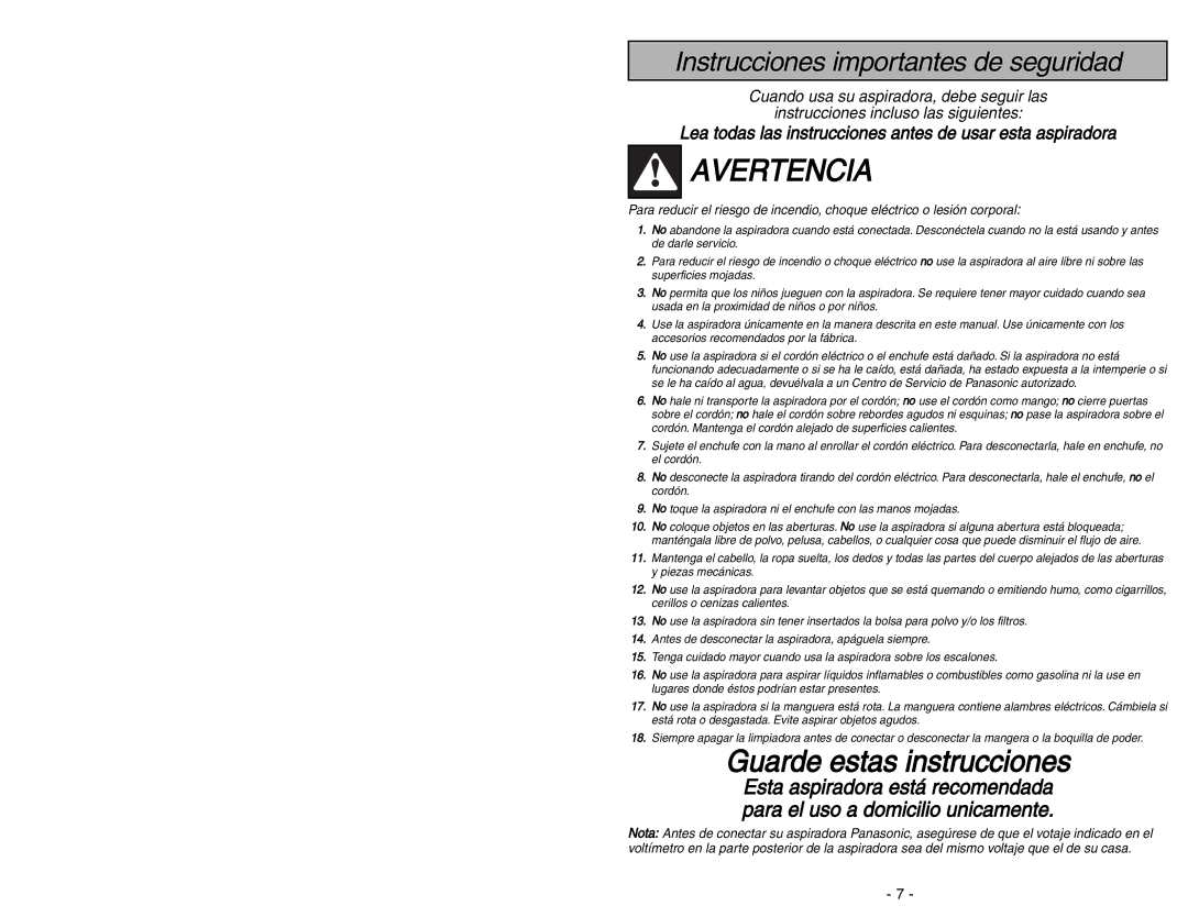 Panasonic MC-V9644 operating instructions Avertencia 