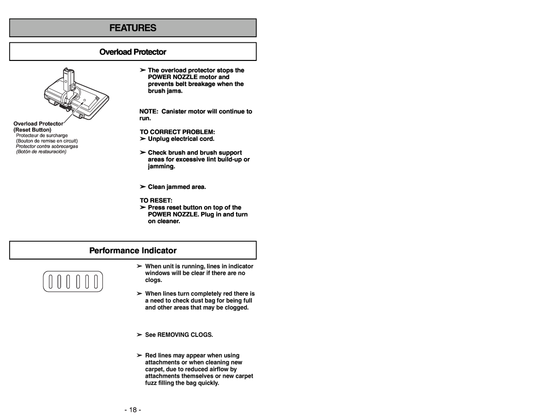 Panasonic MC-V9644 operating instructions Features, Overload Protector, Performance Indicator 